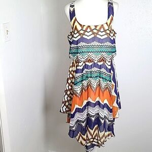 Trixxi Sleeveless High-Low Colorful Dress, Gathered at Waist, Size Large